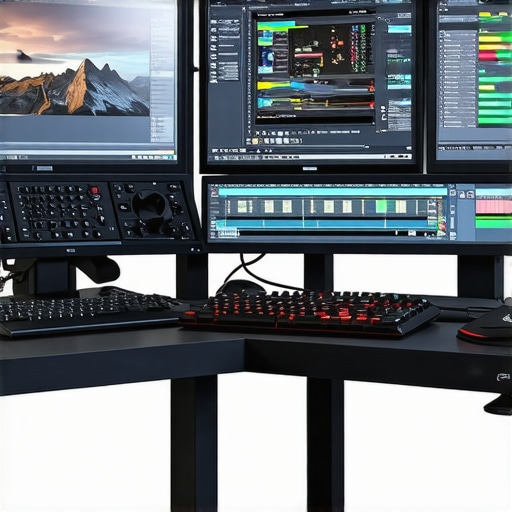 Professional 4K video editing workstation with dual monitors and high-end hardware