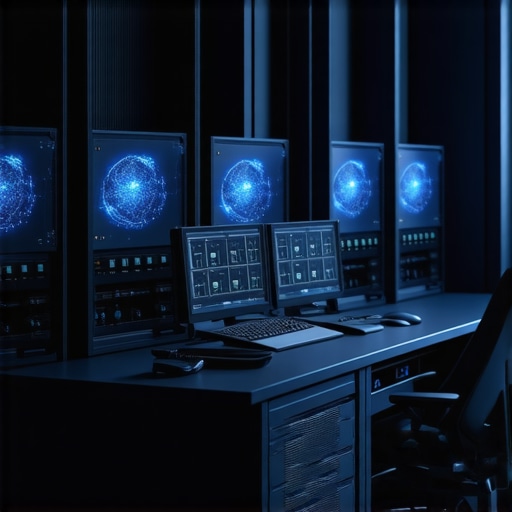 Futuristic video editing setup with advanced quantum and neural processing hardware