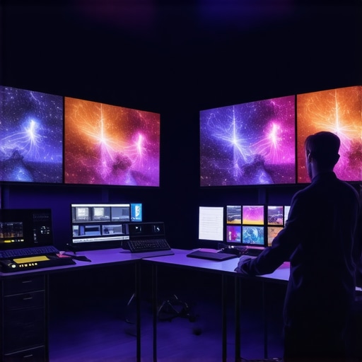 High-tech professional video editing setup with quantum dot display and AI-accelerated GPU hardware.