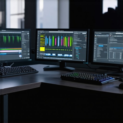 Modern professional 4K video editing workstation with premium GPU and color grading monitor
