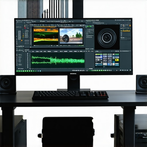 Professional 4K video editing workstation featuring OLED monitor, NVIDIA RTX GPU, and color grading software.