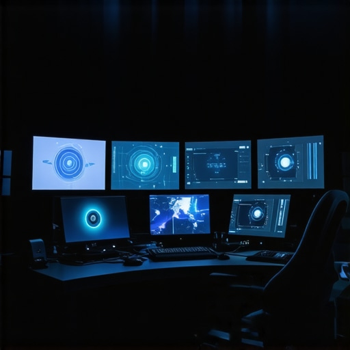 A modern editing studio featuring cutting-edge quantum dot OLED monitors and AI-optimized hardware.