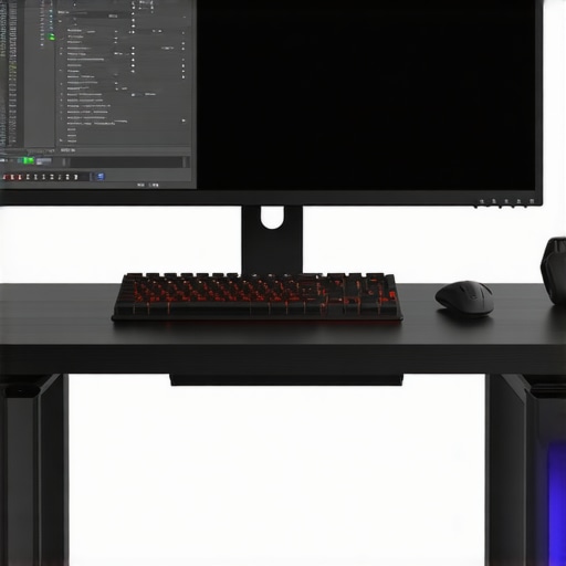 High-tech 4K video editing workstation with AI-enhanced GPU and professional monitor