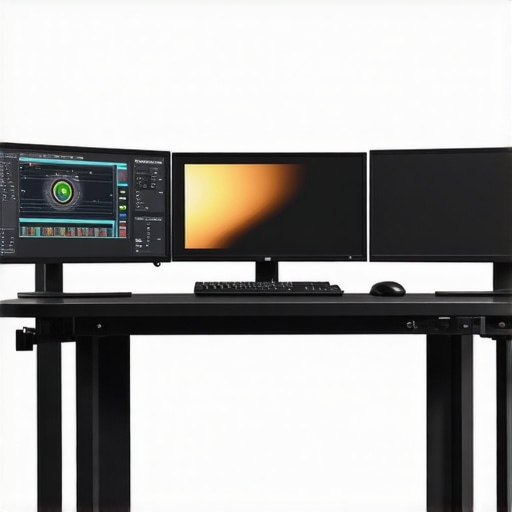 High-tech video editing workstation showcasing quantum and AI-driven hardware in a sleek studio