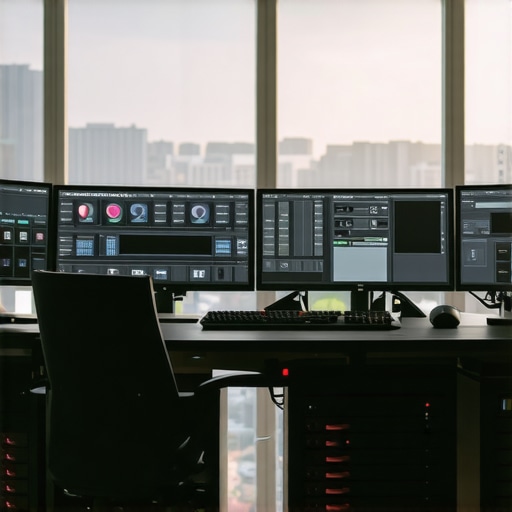 Professional video editing workstation with multiple monitors and high-performance hardware.