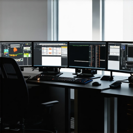 A modern professional video editing station with high-performance GPU and multiple calibrated monitors.