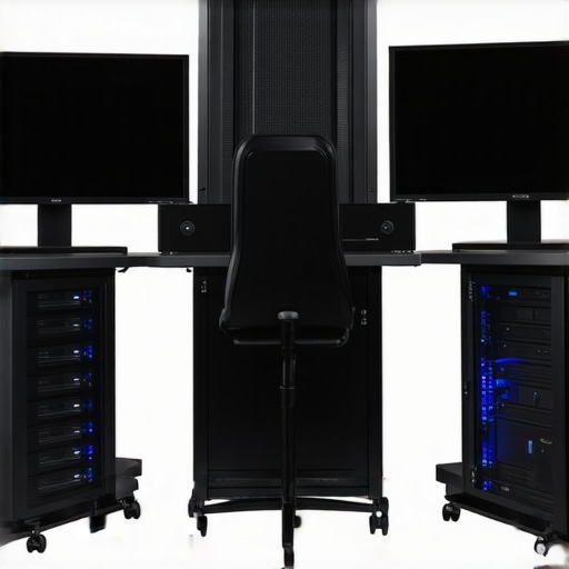 A modern, high-end 4K video editing workstation with advanced hardware components and multiple displays.