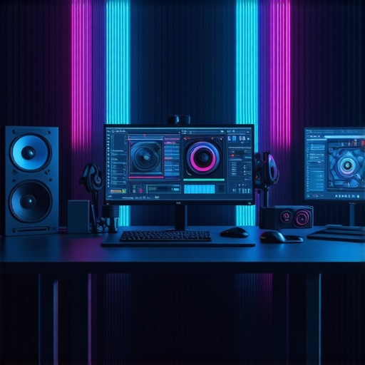 Advanced video editing hardware with monitors and GPUs for 4K content creation.