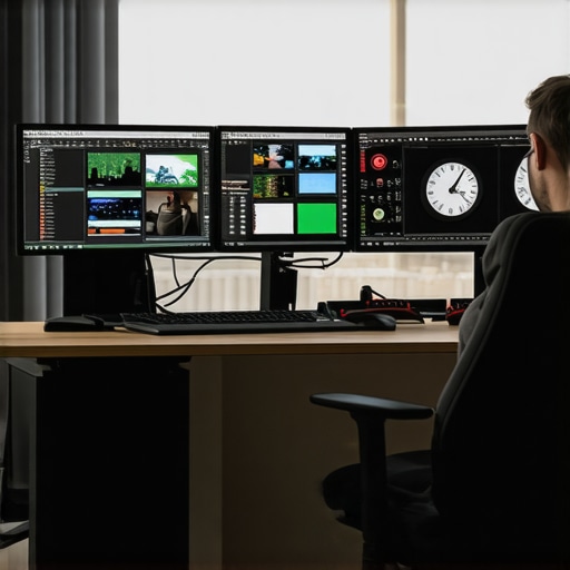 High-end 4K editing workstation featuring multiple monitors, professional GPU, and calibration tools