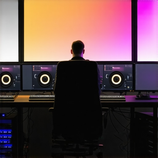 A high-performance 4K video editing workstation with multiple monitors and hardware components