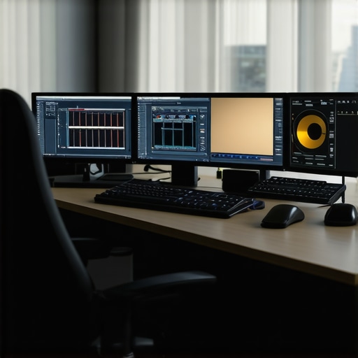 A professional editing station with dual high-end GPUs, calibration tools, and multiple 4K monitors.