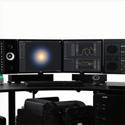 Professional video editing workstation with multiple monitors and high-end hardware