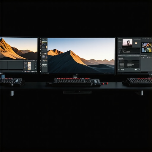 A modern multimedia editing station featuring state-of-the-art GPUs, NVMe storage, high-resolution monitors, and sophisticated cabling