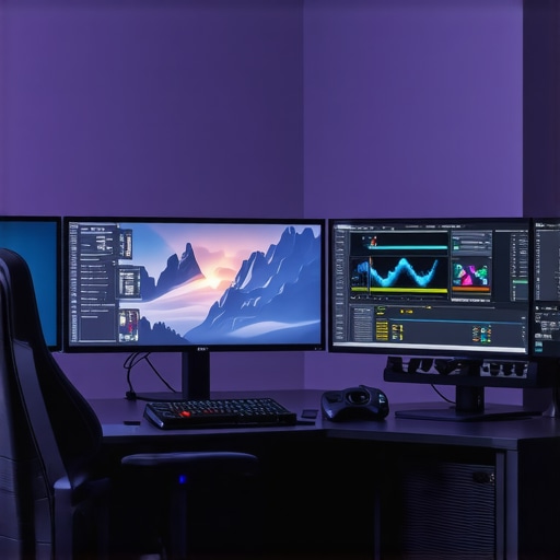 A professional video editing workspace featuring multiple monitors, a high-performance GPU, and high-end hardware