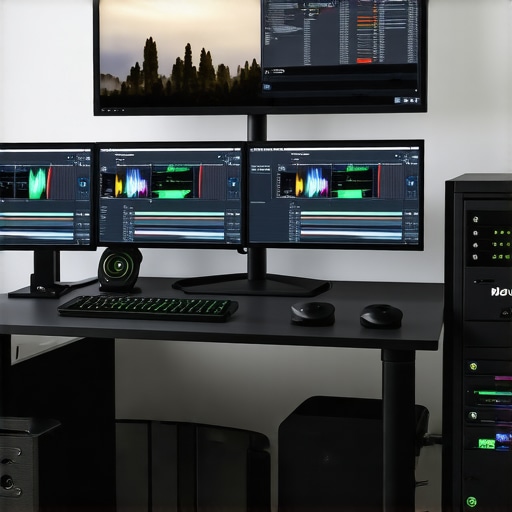 A professional video editing setup featuring multiple monitors, high-end GPU, and fast storage