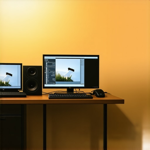 A professional video editing workspace featuring a calibrated monitor connected to a high-performance GPU