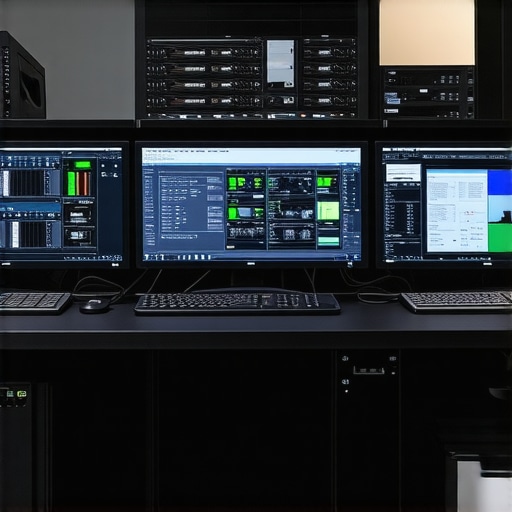 High-tech video editing workspace with multiple graphics cards and professional monitors