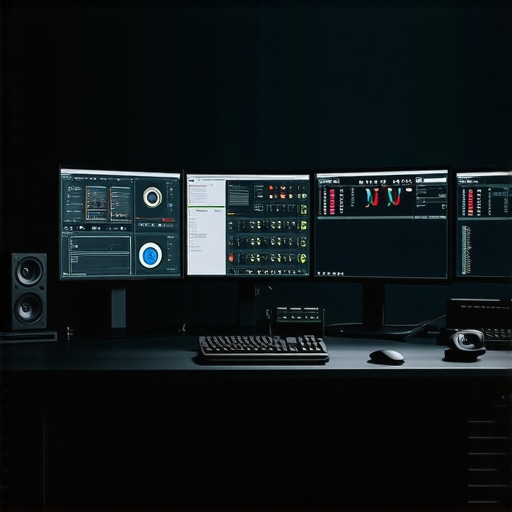 A professional video editing workspace featuring calibrated monitors, a powerful GPU, and neatly arranged hardware components.