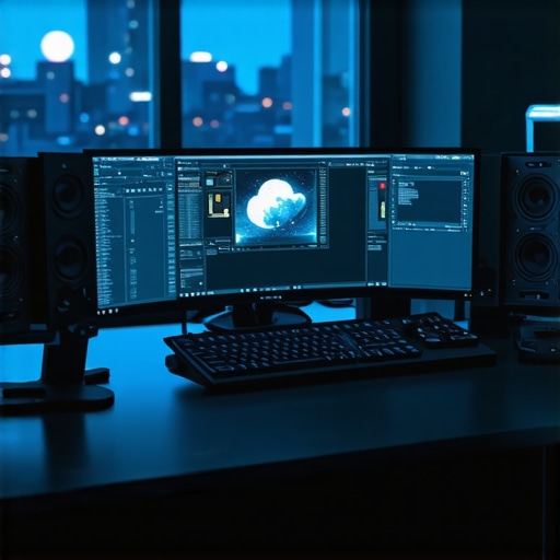A high-tech video editing setup connected to cloud servers illustrating advanced hardware and cloud integration for 4K workflows.