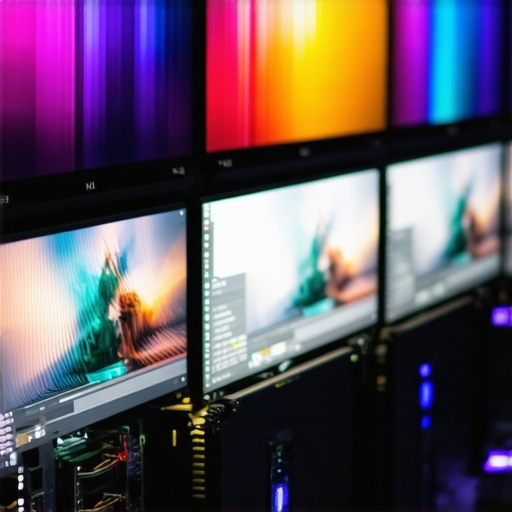 A powerful graphics card connected to multiple monitors displaying 4K video editing