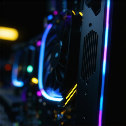 A close-up of a cutting-edge graphics card illuminating an editing workstation, symbolizing advanced hardware.