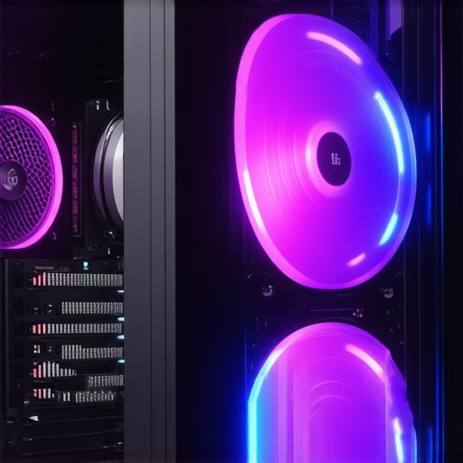 A professional setup of a high-end GPU for 4K video editing with cooling and lighting
