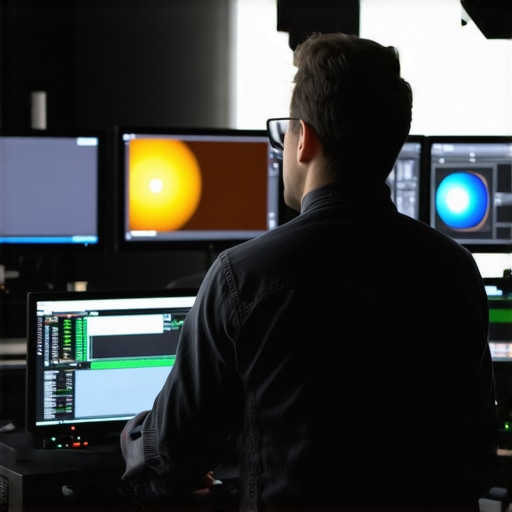 A technician calibrating several professional-grade monitors using calibration hardware in a video editing suite.