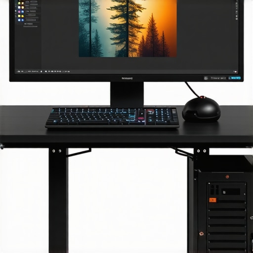 A futuristic professional video editing workstation with multiple high-performance GPUs, NVMe storage, and an advanced color grading monitor.