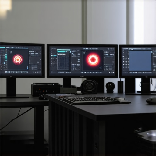 Futuristic professional video editing station with advanced hardware components for 4K editing.