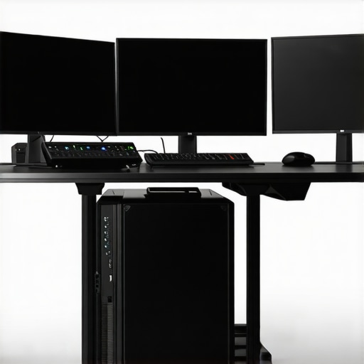 A modern, modular video editing workstation featuring high-performance hardware, multiple screens, and AI tools.