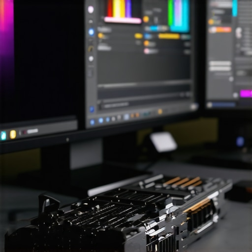 A professional video editing setup featuring a powerful GPU and a calibrated color grading monitor