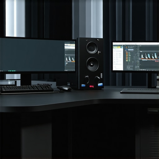 A modern video editing station showcasing dual color-calibrated monitors, high-performance GPU, and organized workspace