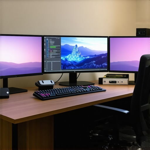 A professional video editing workstation featuring dual 4K monitors, high-performance GPU, and multiple external storage devices.
