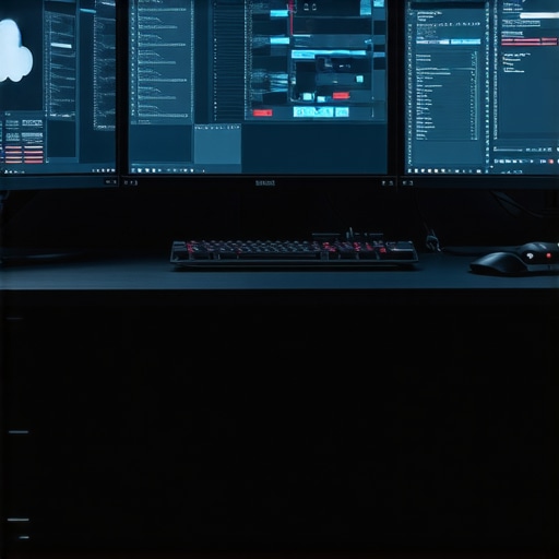 A professional editing environment featuring multiple calibrated monitors connected to cloud storage servers.
