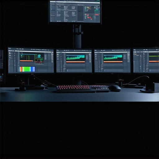 Modern video editing workstation with high-performance hardware and multiple displays.