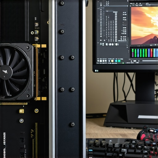 A professional video editing workspace showing a high-performance GPU and a wide-gamut HDR monitor.