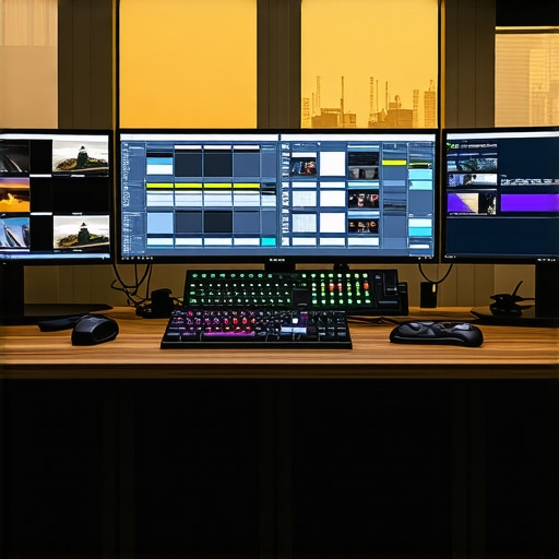 A modern editing workstation with dual high-resolution monitors showcasing 8K video editing software.