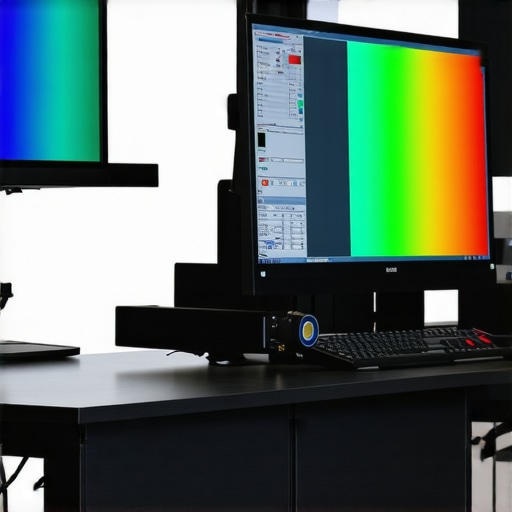 Spectrophotometer measuring a professional-grade monitor during calibration process.