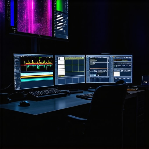 A modern studio setup with professional-grade editing computers and color correction monitors.