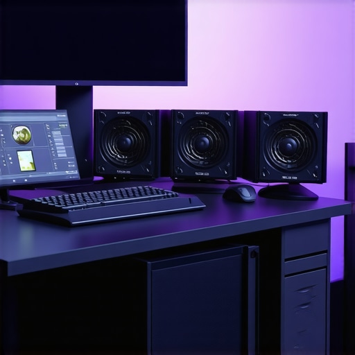 A sophisticated video editing station featuring multiple GPUs, calibrated monitors, and high-speed storage for 4K and 8K workflows.