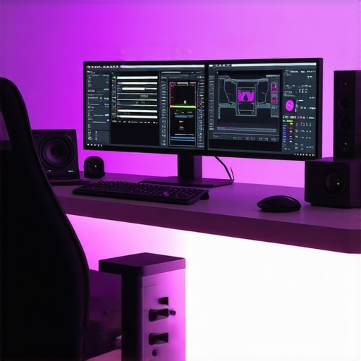 Modern professional video editing workstation with high-performance components and dual color grading monitors