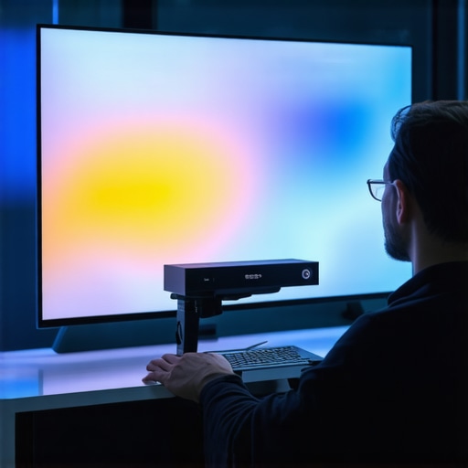 A technician calibrates a professional micro-LED monitor with spectrophotometer in a darkroom
