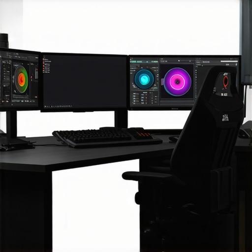 Modern 8K video editing workstation with high-performance hardware and color grading monitors.