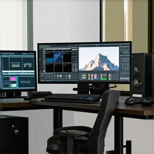 Modern professional video editing workstation with high-end GPU and color grading monitor
