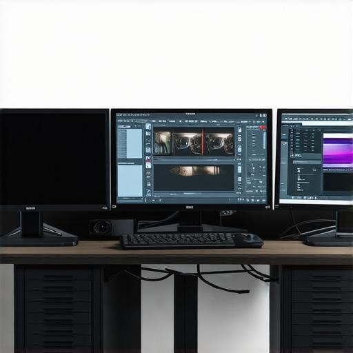 A futuristic professional video editing workspace with multi-monitor displays and high-performance hardware.