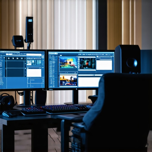 High-end video editing workstation with multiple monitors, high-performance GPU, and professional color grading tools