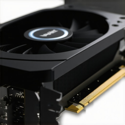 Close-up of a graphics card with illuminated ray tracing cores during high-end rendering.