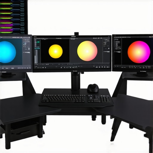 Color grading monitor calibrated with spectral sensors, surrounded by AI-driven editing interfaces