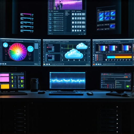 A modern professional video editing setup featuring ultrawide displays, AI integration, and cloud infrastructure.