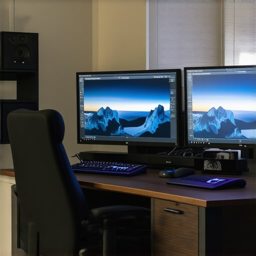 A professional video editing workstation featuring dual 8K monitors, high-performance GPU, and custom hardware optimizations.